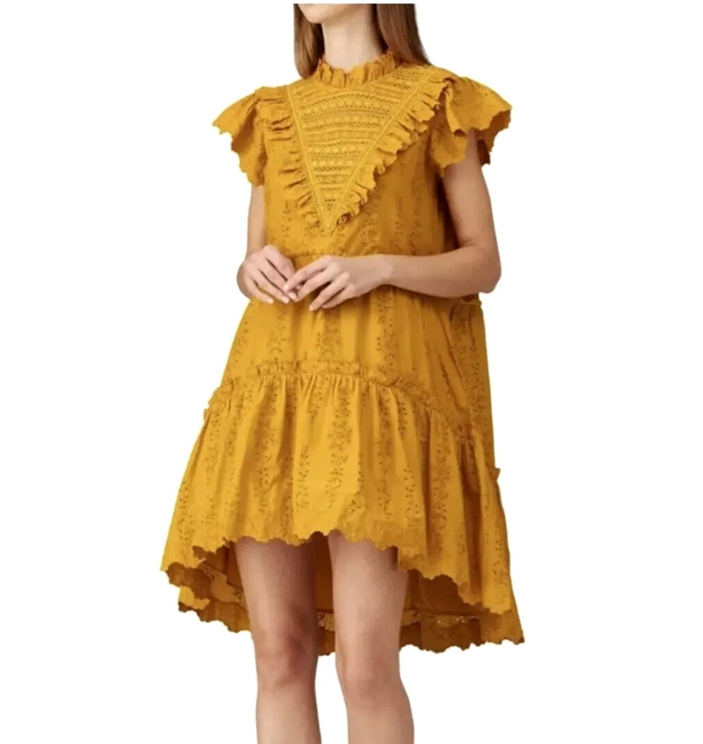 House of Harlow 1960 Eyelet Ruffle Dress Womens M Saffron Yellow High Low